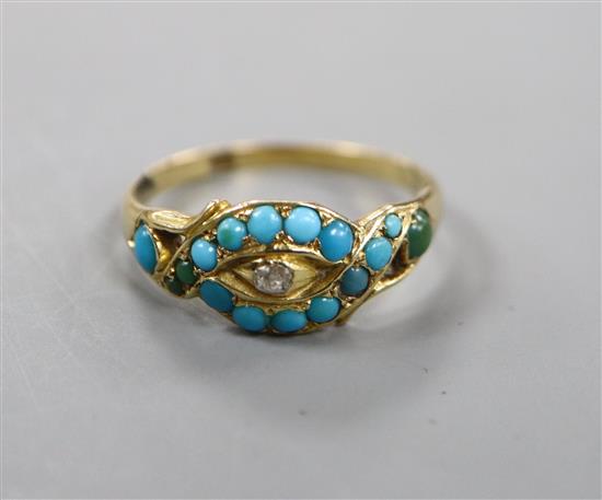 A late Victorian 18ct, turquoise and diamond set elliptical shape dress ring, size P/Q.